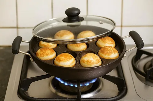 Vista 8 de G & D GD Appam Patra Appam - Molde antiadherente con tapa de cristal, para panqueques Appa Chetty Paniyaral, 12 cavidades de diámetro de 9 pulgadas
