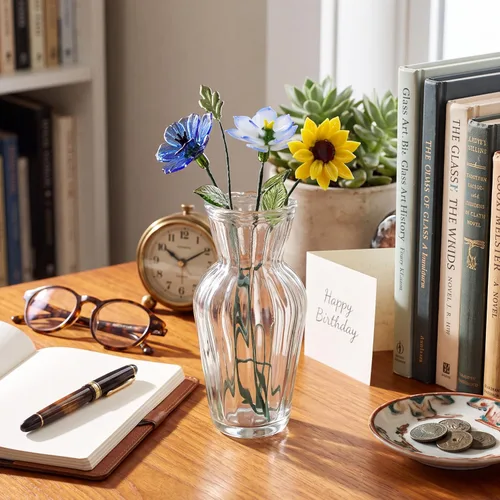 Vista 11 de HunnmingRe 5 piezas de flores de vidrio con jarrón, decoración de flores de mes de nacimiento de mayo, ramo de flores de cumpleaños de vidrio