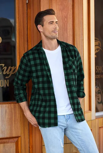 Vista 3 de COOFANDY Camisas de franela a cuadros de manga larga con botones para hombre