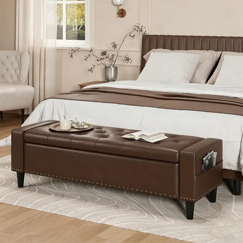 Vista 12 de Banco otomano de almacenamiento de 60 pulgadas, banco de cama tapizado de Blanco crema