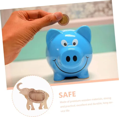 Vista 3 de Banco de elefantes para niños y niñas, alcancía de elefante, caja de ahorro de dinero de madera para el hogar