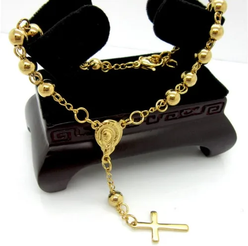 Vista 4 de Blowin Rosario de acero inoxidable pulsera de cruz de oración católica ajustable, oro