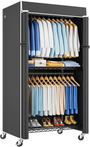 Vista 12 de ULIFHOME P8C Pro - Perchero resistente (con diseño de ancho extendido) para colgar ropa con ruedas bloqueables, 42 pulgadas de ancho x 15.8 pulgadas