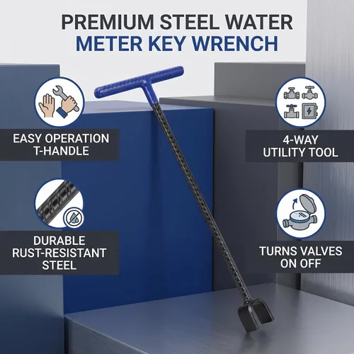 Vista 5 de Garosa Llave de acero para medidor de agua, llave multifunción con mango en T, herramienta de utilidad de 4 vías para válvulas, grifos, contención