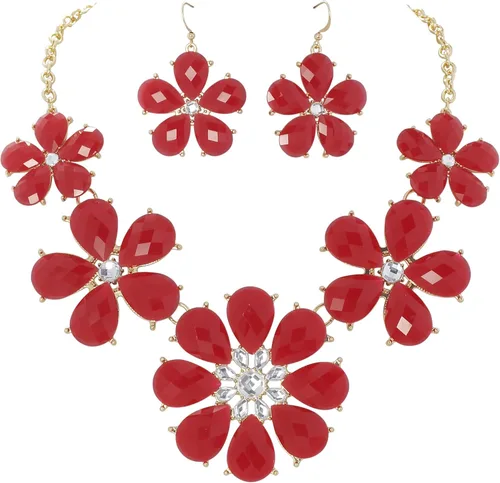 Vista 11 de Firstmeet Collar llamativo de flores brillantes con pendientes Negro