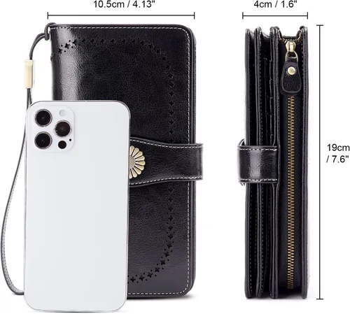 Vista 3 de INSIFEEL Carteras para mujer de gran capacidad con protección RFID monedero de cuero genuino Negro Retro