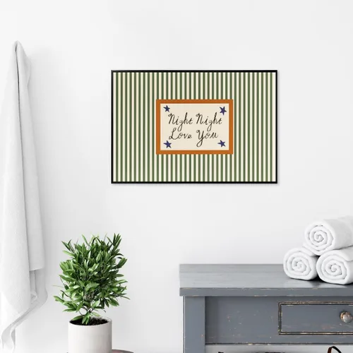 Vista 8 de Arte de pared moderno de mediados de siglo para guardería, impresión de paisaje retro a rayas con cita nocturna de amor, estilo vintage, póster