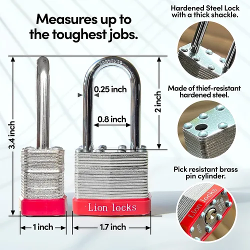 Vista 2 de Lion Locks 4 Candados de Llave Igual con Grillete Largo de 2", 8 Llaves, Candado de Acero Endurecido, Cilindro de Pines de Latón Resistente a