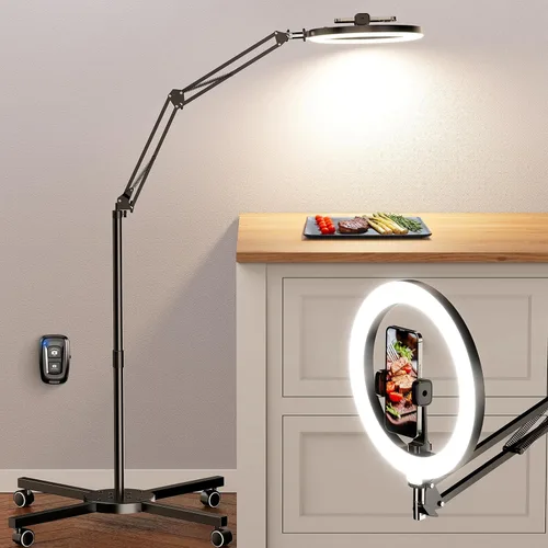 Vista 11 de Anillo de luz con soporte para escritorio, soporte de teléfono superior ajustable con trípode de luz de anillo de 10 pulgadas para iPhone, trípode