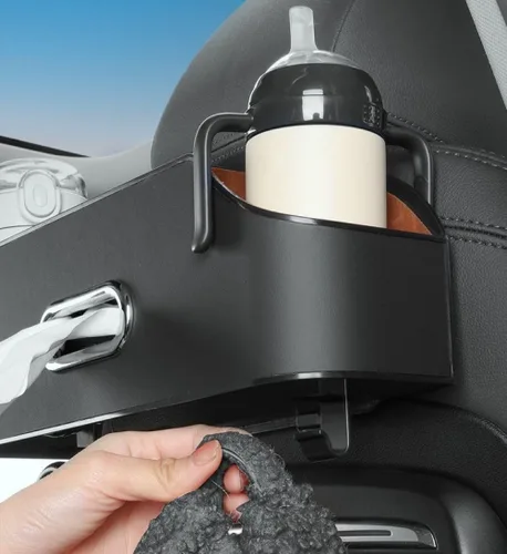 Vista 6 de Organizador de asiento trasero de automóvil con 2 portavasos para bebidas, soporte para pañuelos, ganchos para asiento de automóvil