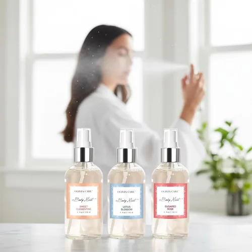 Vista 5 de Olivia Care Body Mist Trio, 3 aromas: flor de loto, rosa azucarada, clementina dulce (3 botellas en total (1 de cada aroma))