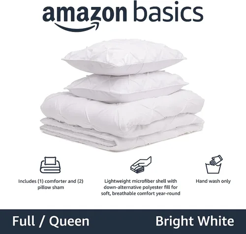 Vista 2 de AmazonBasics - Juego de ropa de cama de edredón plisado, tamaño matrimonial/Queen, color blanco brillante y ligero, súper suave, de microfibra