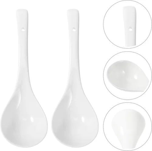 Vista 9 de Hemoton Paquete de 2 cucharas grandes de cerámica asiática para sopa de porcelana profunda de alta resistencia con mango largo de 10.43 pulgadas