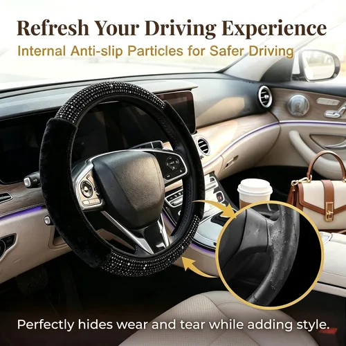 Vista 5 de Funda para volante con destellos para mujeres y niñas, cubierta de volante de diamantes de imitación de color negro con brillantes de piel