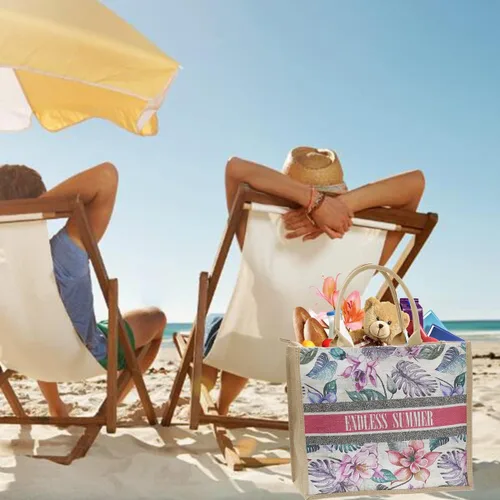 Vista 7 de JNF Bolsa de playa de yute para mujer, bolsa de arpillera con cremallera, reutilizable, con asa
