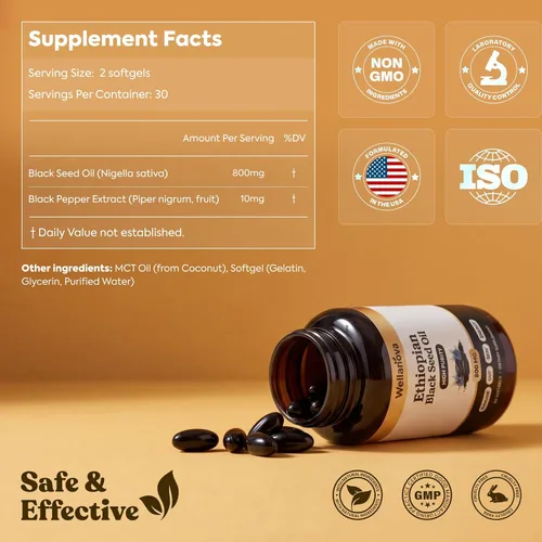 Vista 2 de Cápsulas de aceite de semilla negra etíope – Nigella sativa pura 800 mg con extracto de pimienta negra y aceite MCT, aceite de semilla de comino