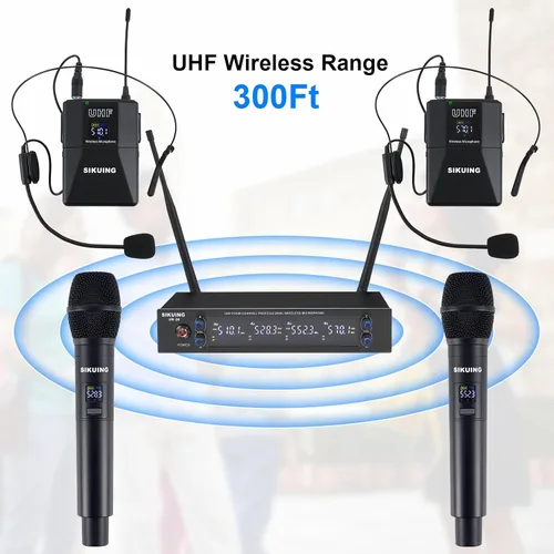 Vista 12 de Sistema de micrófono inalámbrico UHF de 4 canales con micrófonos de auriculares Lavalier, frecuencias ajustables de 4 x 50, ideal para reuniones