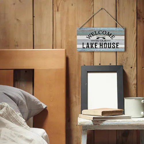 Vista 2 de Letrero de madera impreso para colgar en la pared, diseño rústico para casa de lago, decoración del hogar, verano, 12 x 6 pulgadas