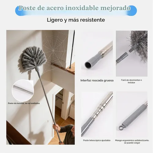 Vista 4 de Kit de plumero de microfibra 5 en 1 con poste de extensión, juego de plumero de limpieza lavable con 3 cabezales de plumero, plumero de telaraña