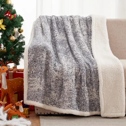 Vista 3 de SE SOFTEXLY Manta reversible de sherpa con 30% lana y 70% algodón, manta suave y esponjosa, manta de otoño e invierno para sofá, cama, silla