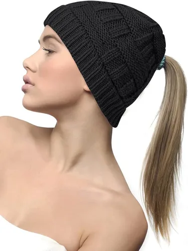 Vista 2 de DANMY Gorro de cola de caballo para mujer, gorro de moño con agujero para cola de caballo, gorro de punto cálido de invierno