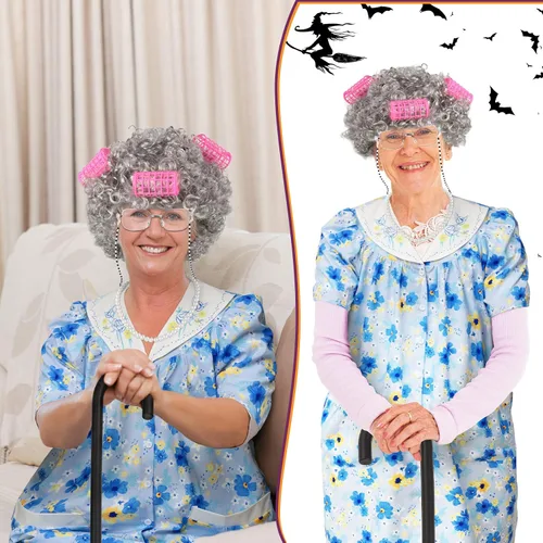 Vista 6 de Jiuguva 7 piezas de disfraz de anciana para mujeres y niños, túnica de manga corta para abuelita, peluca de anciana, peluca plegable con muleta
