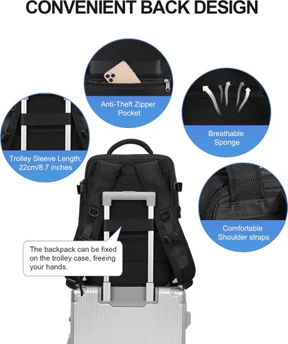 Vista 6 de VECAVE mochila para laptop de viaje, mochila para llevar en vuelos, mochila casual para deportes y universidad, A-Negro, Pequeño, Mochilas de viaje