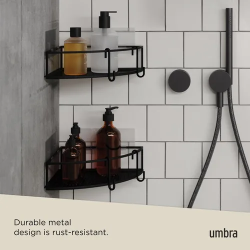 Vista 6 de Umbra Cubiko - Estante de esquina para ducha, estantes flotantes de metal con tiras de montaje adhesivas, paquete de 2, color negro
