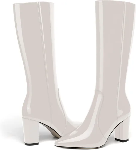 Vista 195 de AMBELIGHT Botas altas hasta la rodilla con cremallera y puntera puntiaguda para mujer, de patente sólida, tacón alto, 3.3 pulgadas