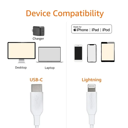 Vista 2 de Amazon Basics Cable de carga USB C a Lightning ABS, cargador certificado MFi para Apple iPhone 14, 13, 12, 11 X Xs Pro, Pro Max, Plus, iPad, 6 pies