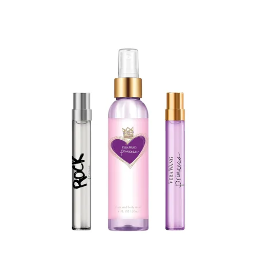 Vista 2 de Vera Wang Princess + Rock Princess, bruma corporal y Eau de Toilette en spray (2) set de regalo de 3 piezas, notas de durazno, jazmín y vainilla