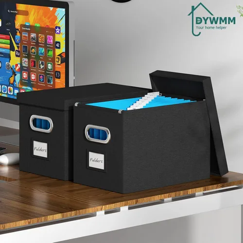 Vista 2 de Caja de archivos colgante con tapa, organizador de archivos, caja de almacenamiento plegable de lino, gabinete de archivos decorativo para Negro