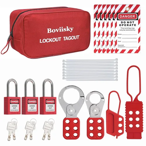 Vista 9 de Kit de etiquetado de bloqueo con candados de seguridad rojos, juego de cerrojos, etiquetas de loto, kits de etiquetas de bloqueo eléctrico, llave