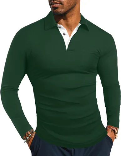 Vista 23 de KUYIGO Camisas de manga larga y corta estilo polo para hombre, estilo informal, ajustadas, diseño sólido, suave, con botones, de algodón, con A1