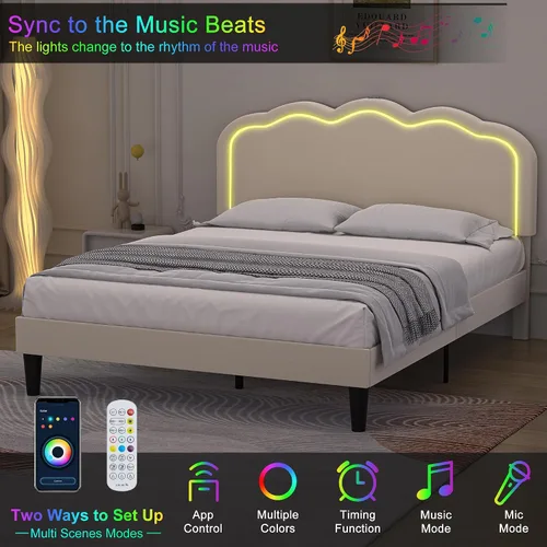 Vista 3 de VECELO Base de cama tapizada tamaño Queen con cabecero ajustable, luces LED, USB-A y tipo C, plataforma de terciopelo sin ruido, base de colchón