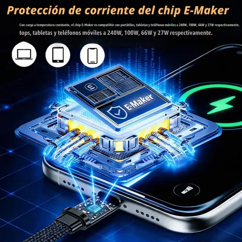 Vista 6 de 2 cargadores de teléfono laterales con 5 bridas de silicona para cables, cable de carga invisible de 240 W con soporte de metal ajustable de 360°