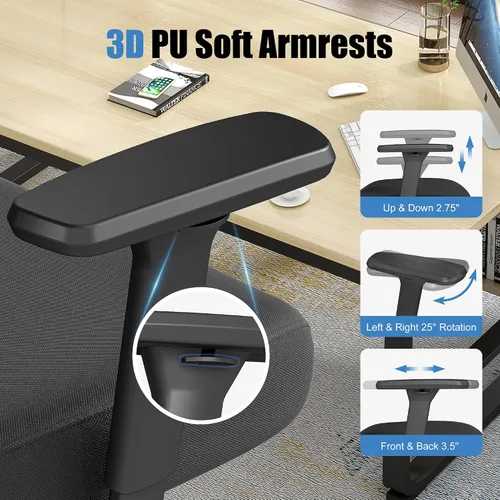 Vista 5 de Silla de oficina ergonómica con soporte lumbar ajustable, brazos y reposacabezas 3D, respaldo alto, silla de computadora de escritorio ancha
