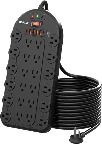 Vista 12 de DEPOW Regleta protectora contra sobretensiones de 6.5 pies con 24 salidas de CA (1875 W/15 A), 6 USB (2 puertos USB-C), 3,400 julios, cable de Negro
