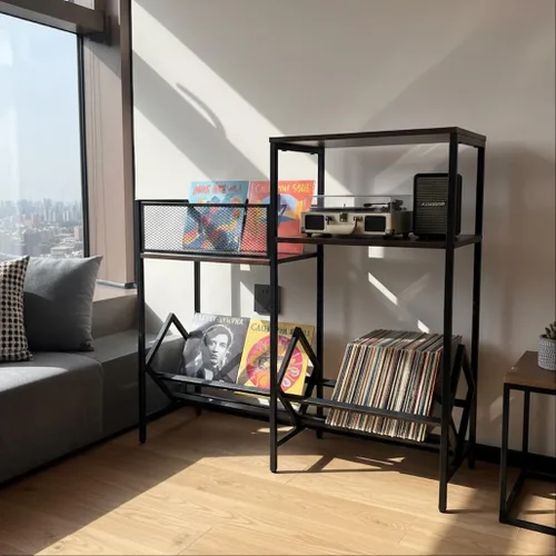 Vista 3 de JinMing Soporte para tocadiscos con almacenamiento de vinilo, gabinete de audio resistente para discos, tocadiscos, receptor, altavoces, consola