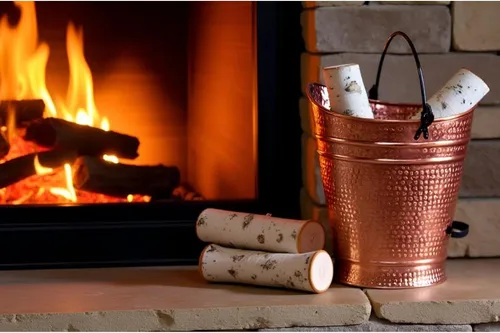 Vista 2 de Cubo grande de cobre para pellets de metal, carbón, chimenea, cenizas, con mango de hierro forjado, acabado antiguo, contenedor rústico duradero