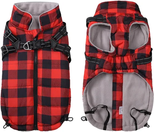 Vista 10 de Chaqueta de invierno para perro, abrigo impermeable para perro con arnés integrado, chaleco para cachorros, ropa para mascotas pequeñas con forro