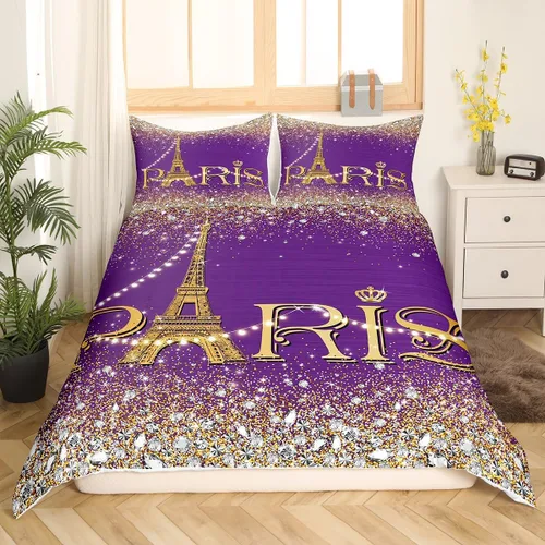 Vista 25 de Erosebridal Funda de edredón de la Torre Eiffel para niñas, juego de ropa de cama romántica de París azul, negro y blanco, funda de edredón