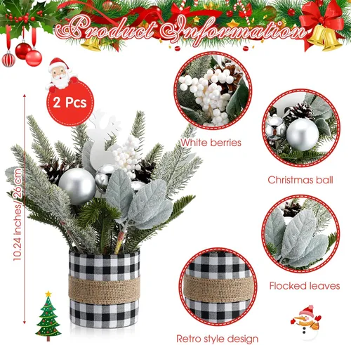 Vista 2 de 2 piezas de centro de mesa de Navidad a cuadros de búfalo árbol de mesa de Navidad, mini decoración artificial de mesa, centro de mesa pequeño
