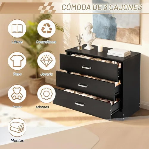 Vista 6 de Vasitelan Cómoda de madera con 3 cajones, cómoda de almacenamiento moderna, mesita de noche de madera para dormitorio, sala de estar (negro)