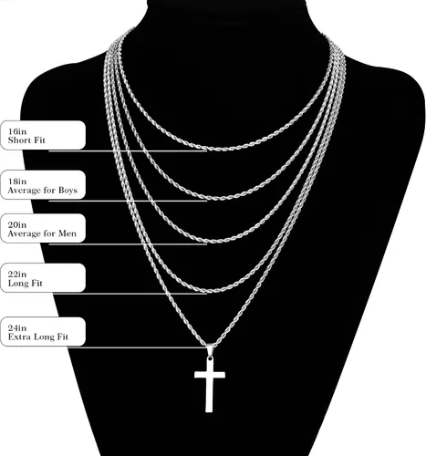Vista 9 de LUXEJEW Collar de cruz para hombres y niños, cadena de cuerda de acero inoxidable plataoronegro, collar con colgante de cruz, joyería para hombre