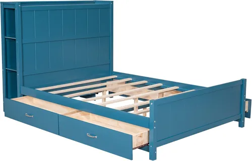 Vista 6 de Cama de plataforma de tamaño matrimonial con cajones y estantes de almacenamiento, base de cama de madera maciza, base de colchón con cabecera