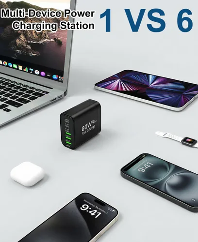 Vista 7 de Bloque de cargador USB C GaN de 90 W, cargador de pared USB C de 6 puertos de carga rápida, adaptador de corriente PD de 45 W para iPhone 17Pro
