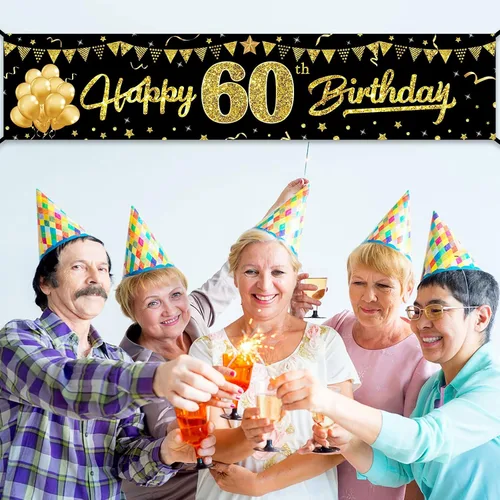 Vista 5 de Cartel de feliz cumpleaños 60 para hombres y mujeres, letrero de cumpleaños número 60 negro y dorado, suministros de fiesta para patio, divertida