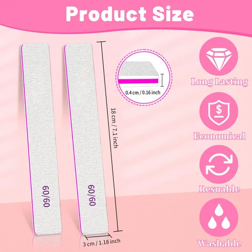 Vista 3 de BLESWIN 12 limas de uñas de grano 60/60, limas de uñas jumbo para uñas acrílicas, lima de uñas de doble cara para manicura, pedicura y uñas acrílicas