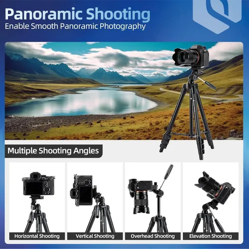 Vista 2 de Fotopro DIGI-3400 - Trípode de viaje ultraligero y compacto de 120 cm con placa de liberación rápida y cabezal panorámico, trípode de aluminio